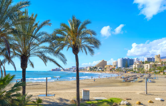 Scenic view of beach in Benalmadena town. Malaga, Andalusia, Spain